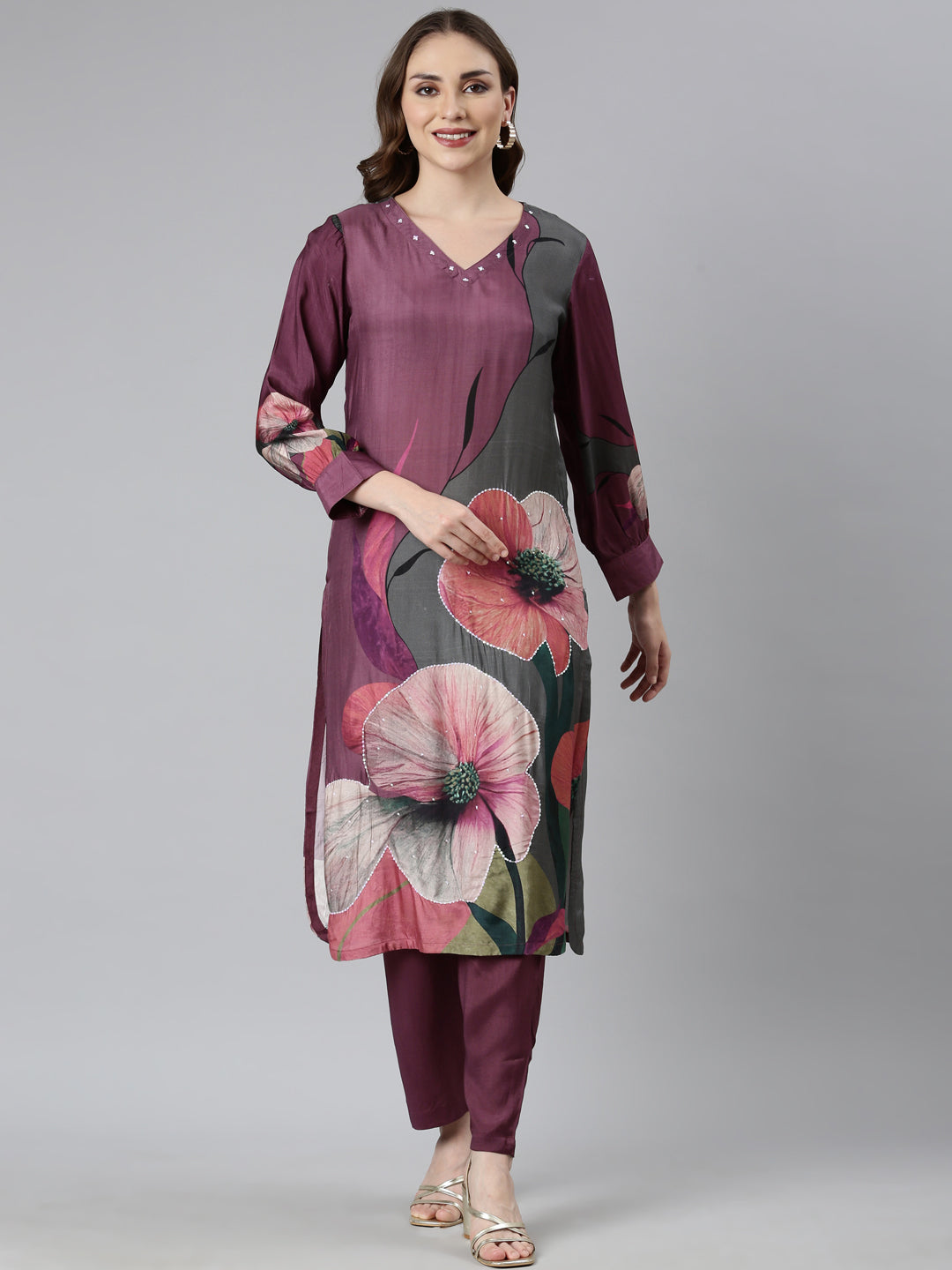 Neerus Purple Regular Straight Floral Kurta And  Trousers