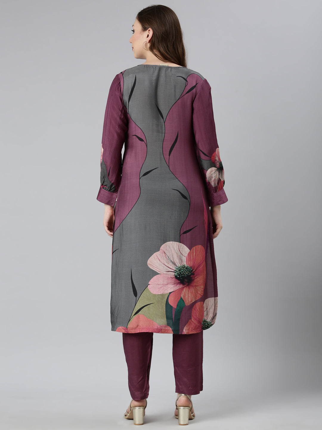 Neerus Purple Regular Straight Floral Kurta And  Trousers