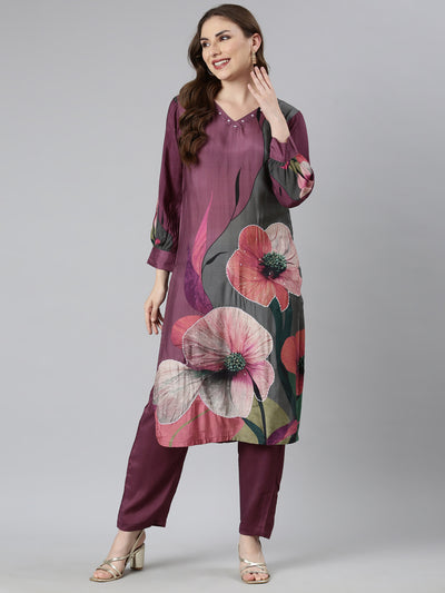 Neerus Purple Regular Straight Floral Kurta And  Trousers