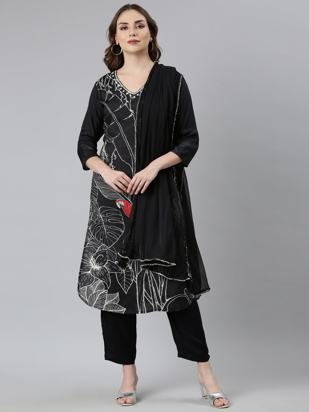 Neerus Black Regular Straight Floral Kurta And  Trousers With Dupatta