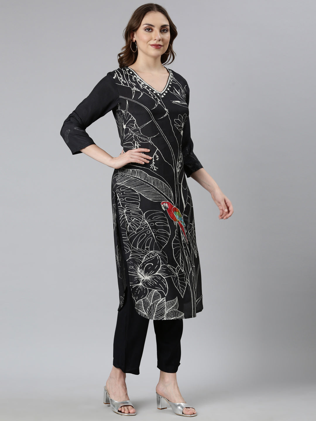 Neerus Black Regular Straight Floral Kurta And  Trousers With Dupatta