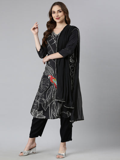 Neerus Black Regular Straight Floral Kurta And  Trousers With Dupatta