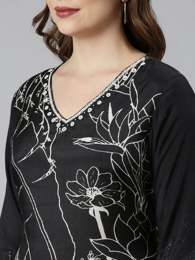 Neerus Black Regular Straight Floral Kurta And  Trousers With Dupatta