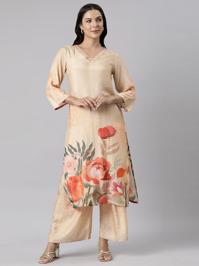 Neerus Beige Panelled Straight Printed Kurta And Palazzos