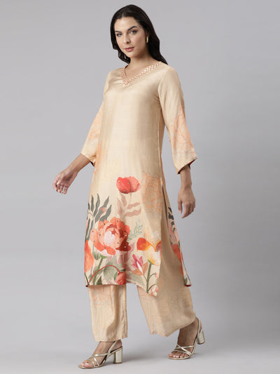 Neerus Beige Panelled Straight Printed Kurta And Palazzos