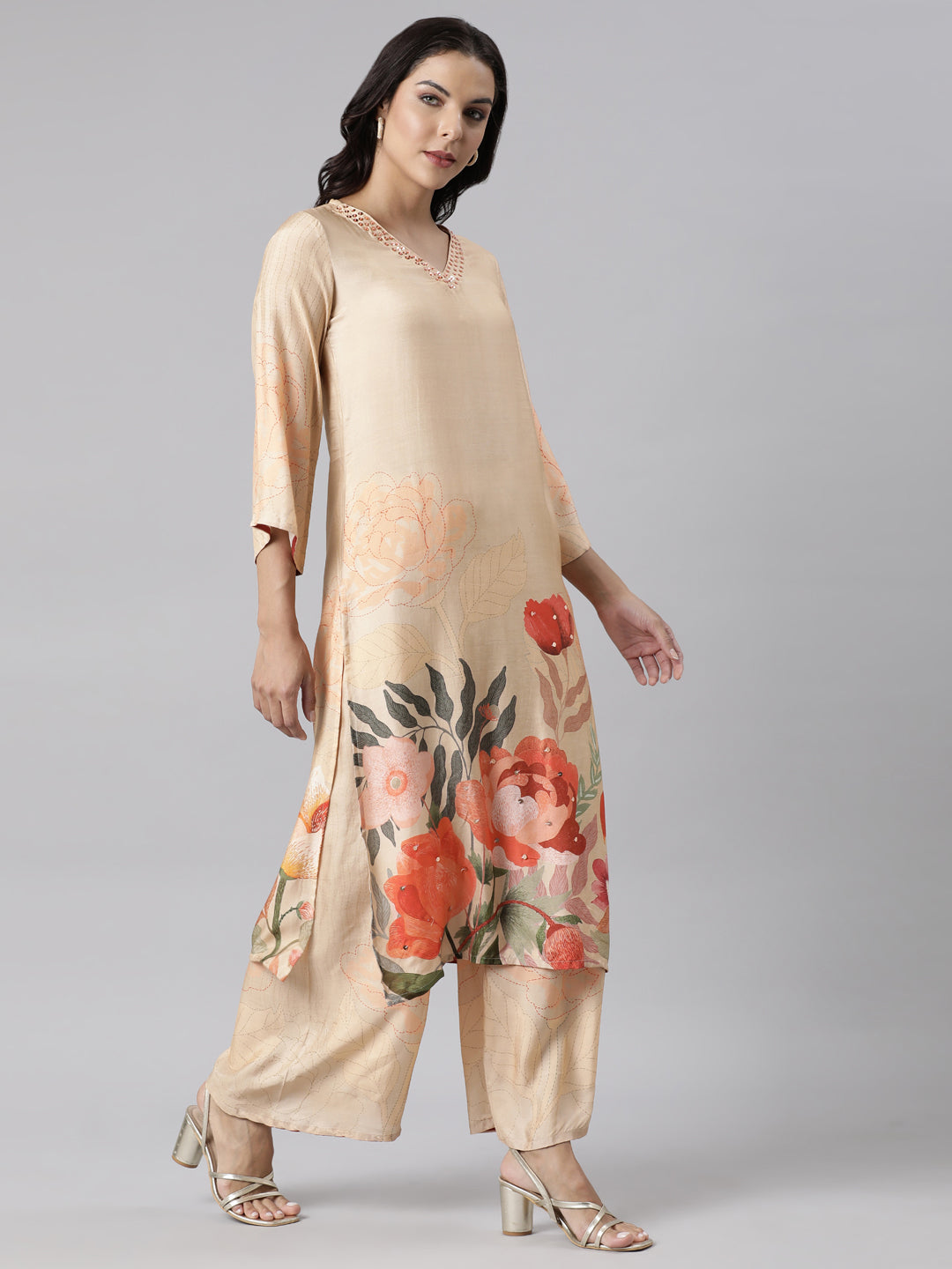 Neerus Beige Panelled Straight Printed Kurta And Palazzos