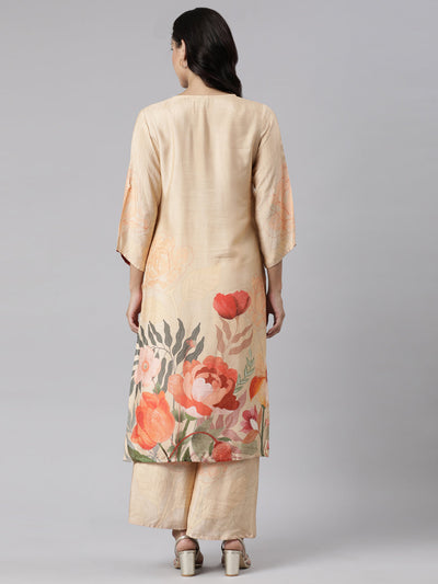 Neerus Beige Panelled Straight Printed Kurta And Palazzos