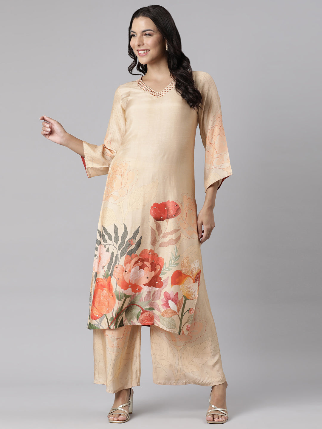 Neerus Beige Panelled Straight Printed Kurta And Palazzos