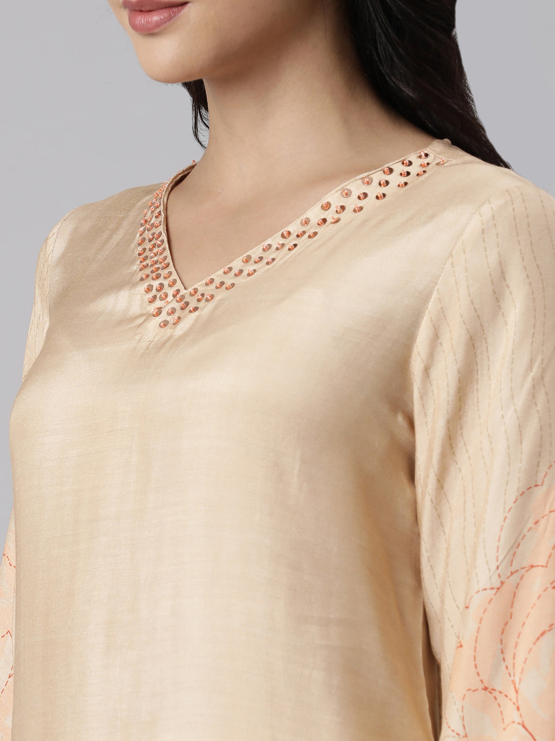 Neerus Beige Panelled Straight Printed Kurta And Palazzos