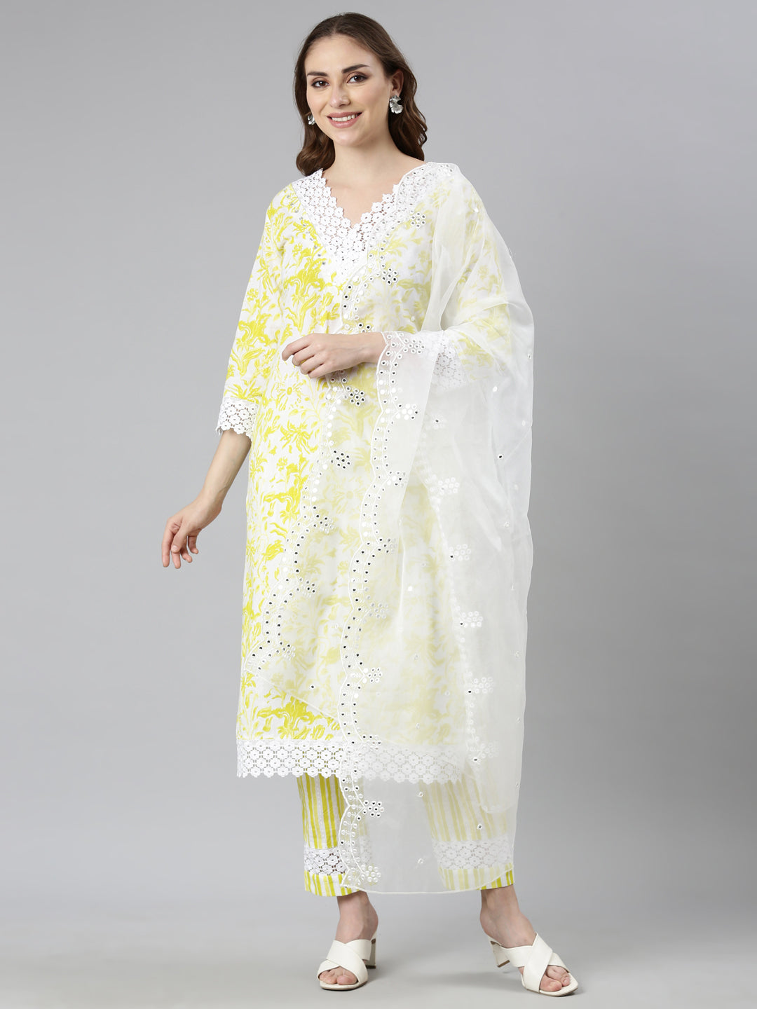 Neerus Yellow Regular Scalloped Floral Readymade suits