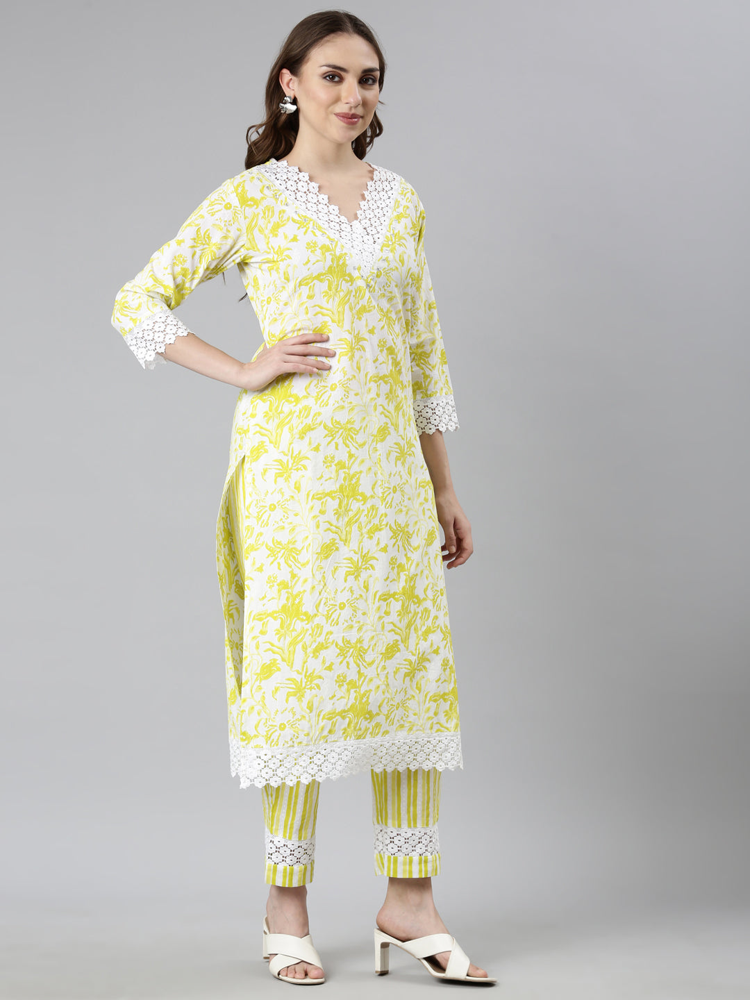 Neerus Yellow Regular Scalloped Floral Readymade suits