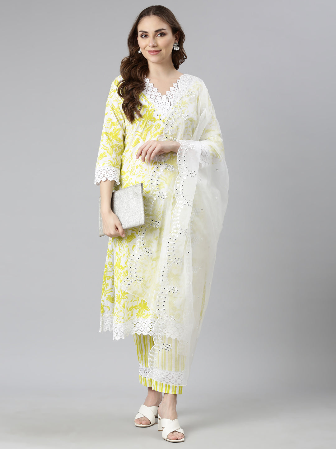 Neerus Yellow Regular Scalloped Floral Readymade suits