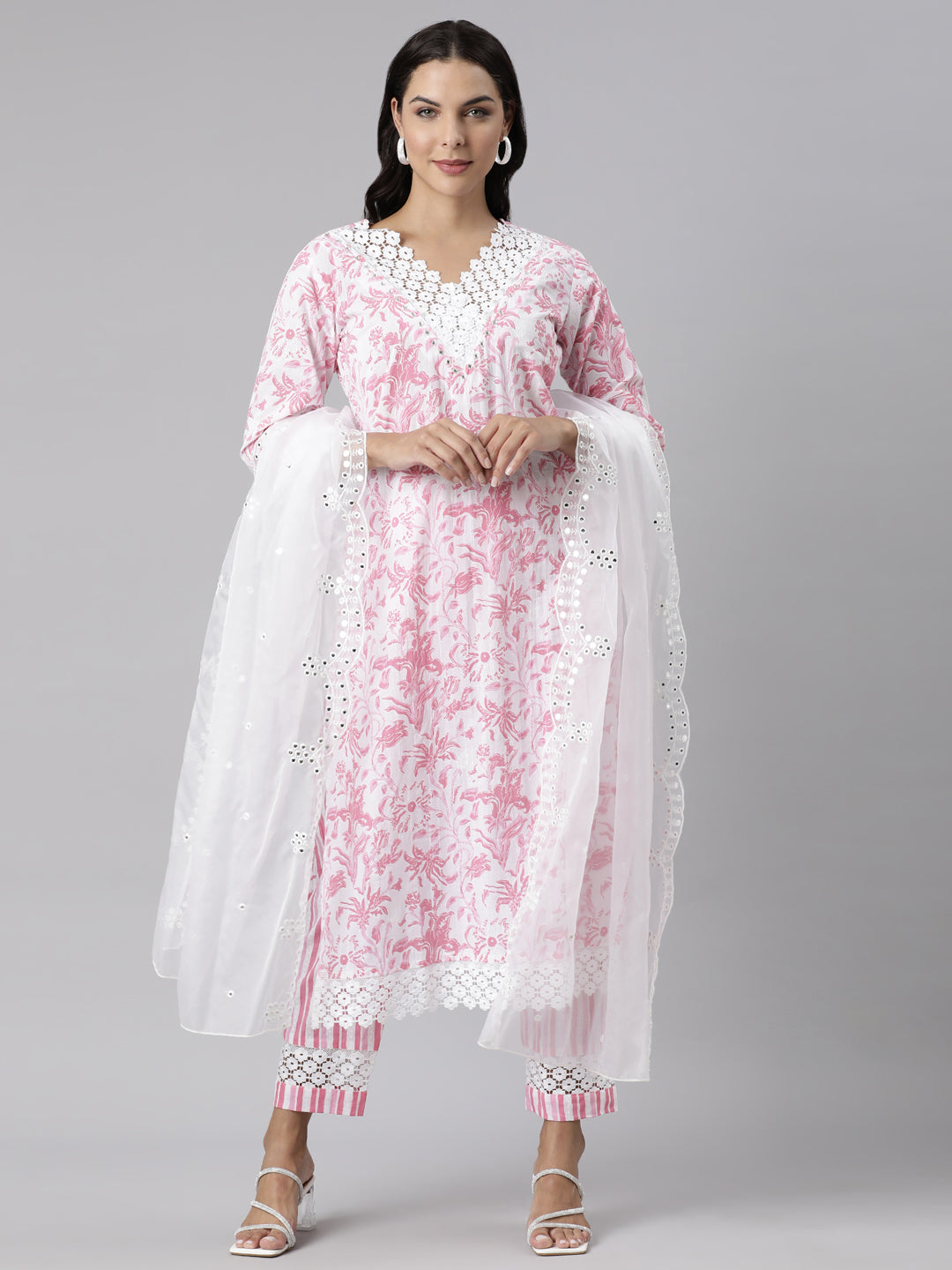 Neerus Pink Panelled Straight Printed Kurta And Trousers With Dupatta