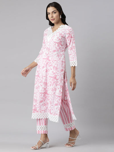 Neerus Pink Panelled Straight Printed Kurta And Trousers With Dupatta