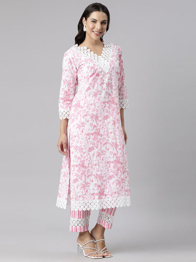 Neerus Pink Panelled Straight Printed Kurta And Trousers With Dupatta