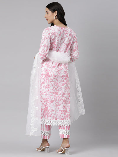 Neerus Pink Panelled Straight Printed Kurta And Trousers With Dupatta