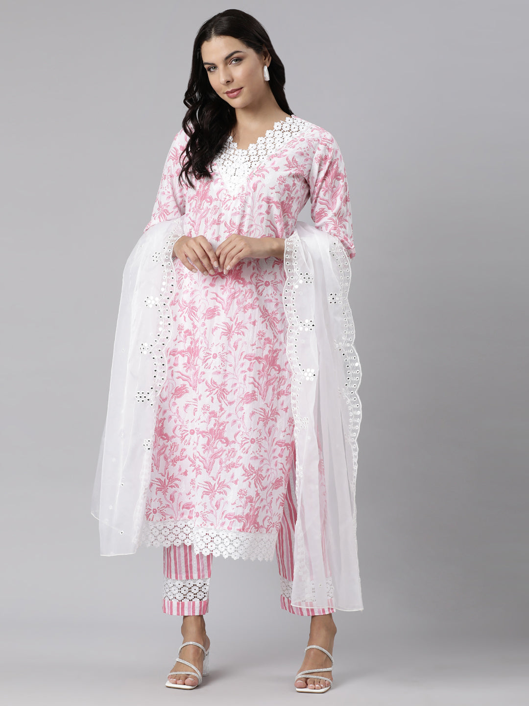 Neerus Pink Panelled Straight Printed Kurta And Trousers With Dupatta