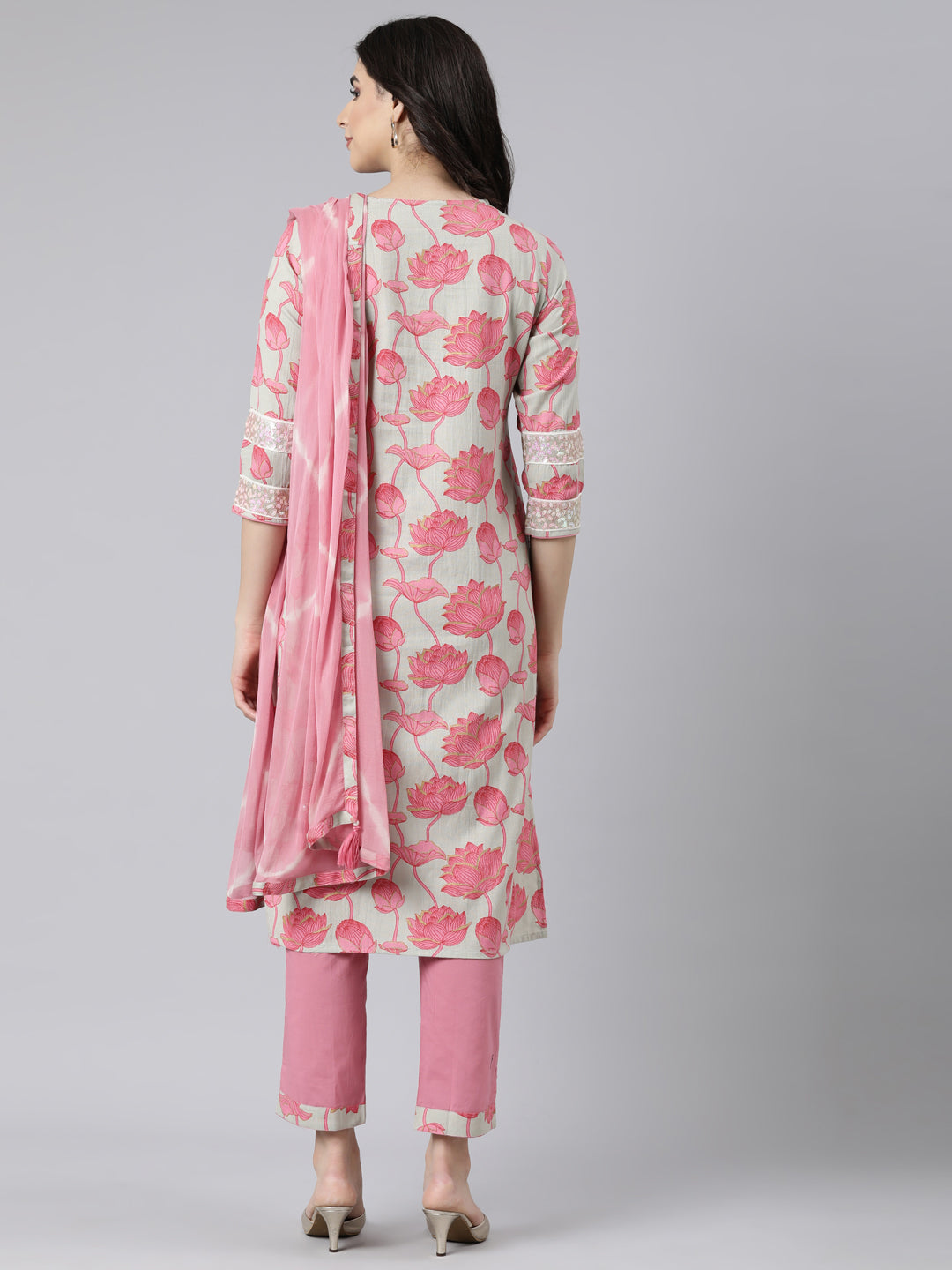 Neerus Pink Regular Straight Floral Kurta And  Trousers With Dupatta