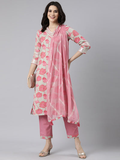 Neerus Pink Regular Straight Floral Kurta And  Trousers With Dupatta