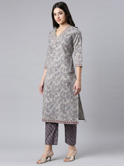 Neerus Grey Regular Straight Floral Kurta And Trousers With Dupatta