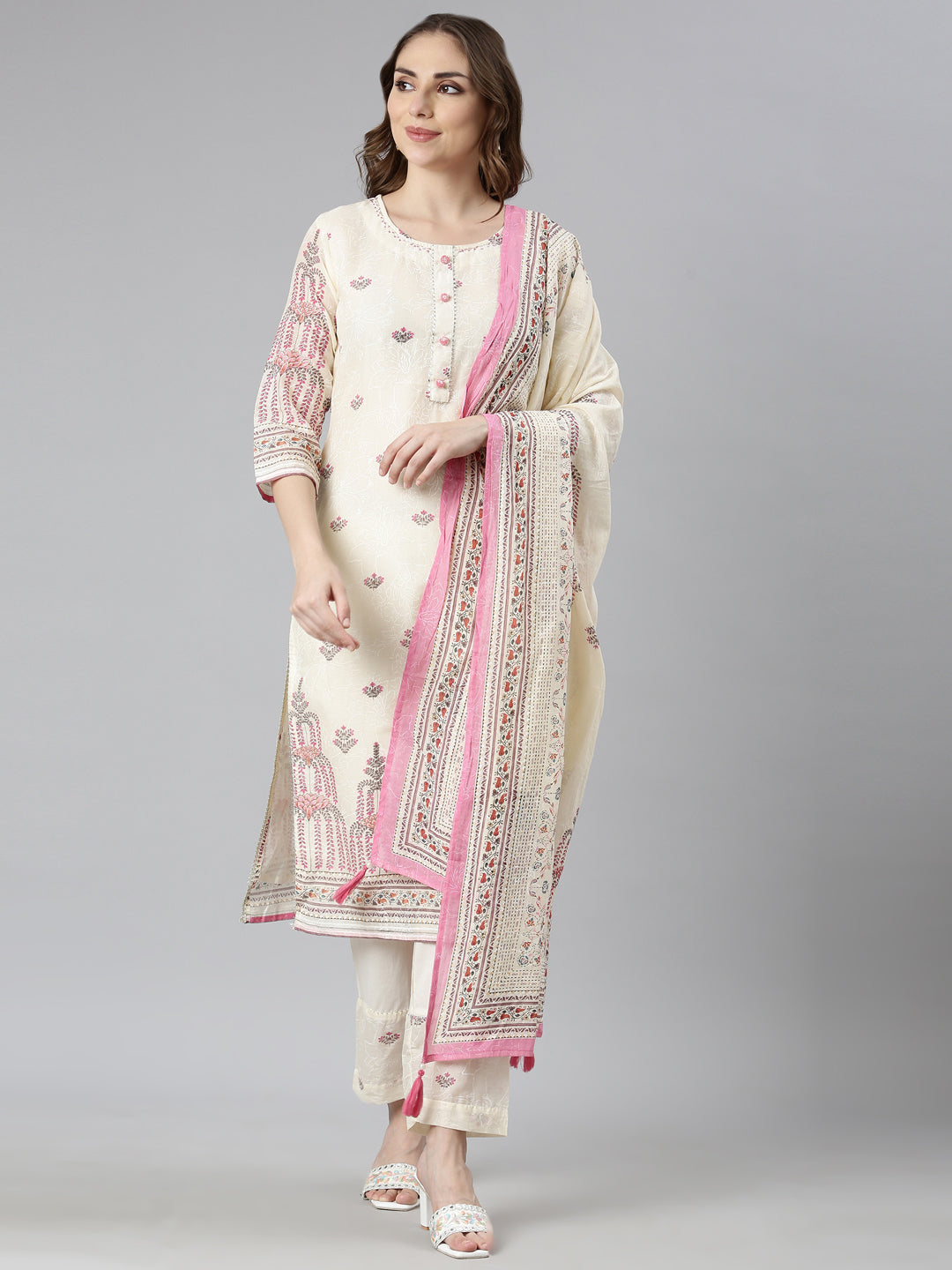 Neerus Cream Regular Straight Floral Kurta And  Trousers With Dupatta