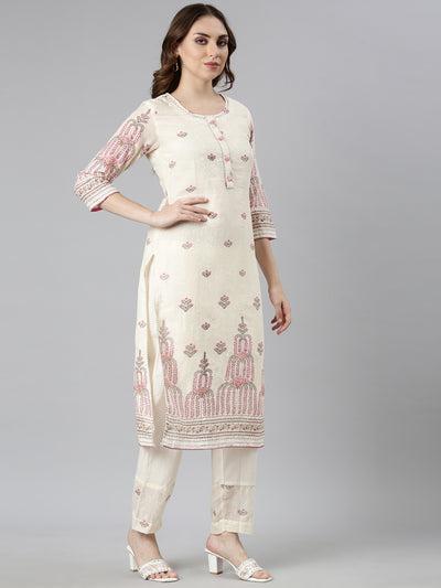 Neerus Cream Regular Straight Floral Kurta And  Trousers With Dupatta