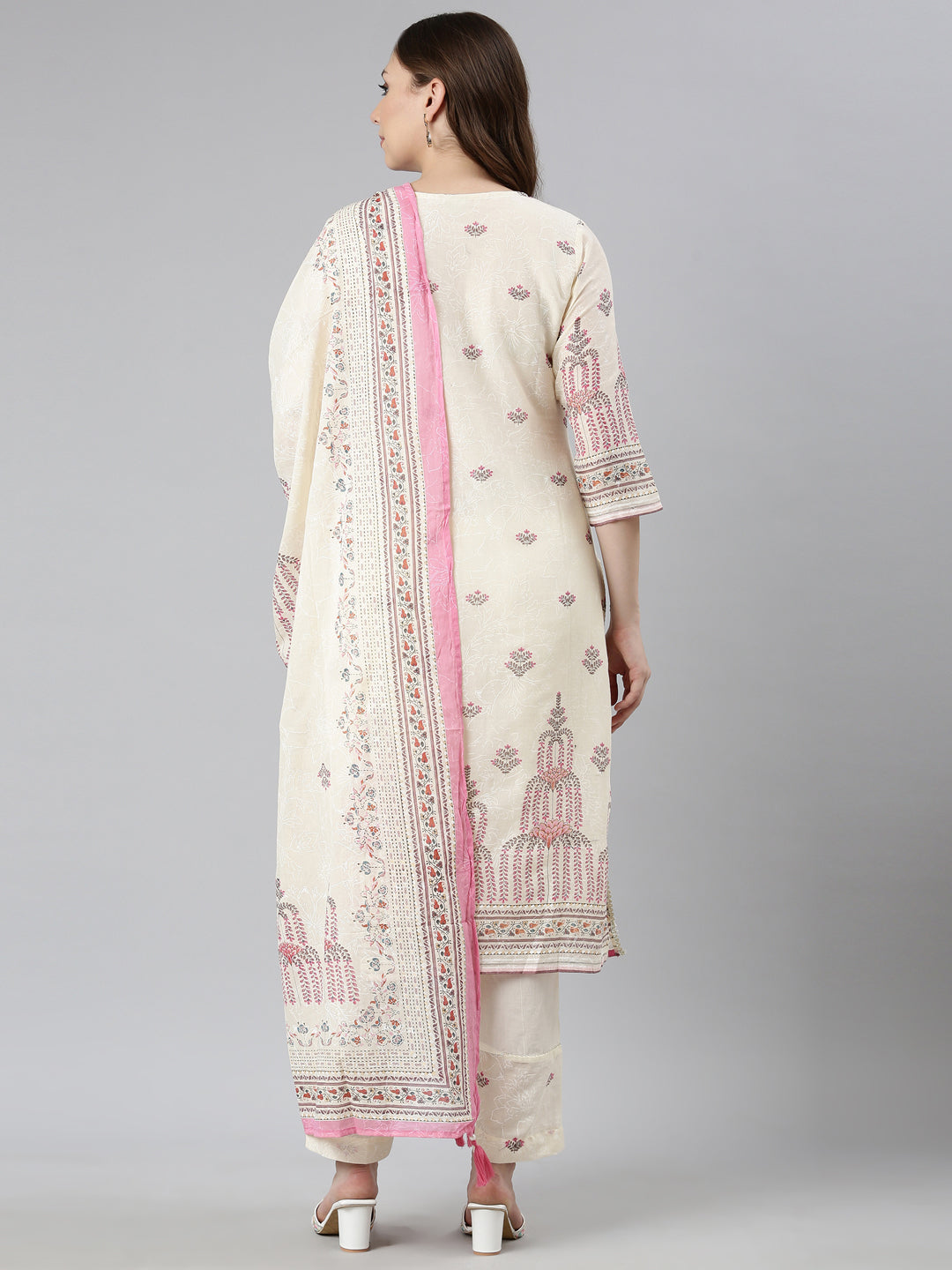 Neerus Cream Regular Straight Floral Kurta And  Trousers With Dupatta