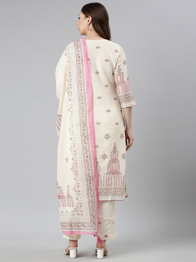 Neerus Cream Regular Straight Floral Kurta And  Trousers With Dupatta