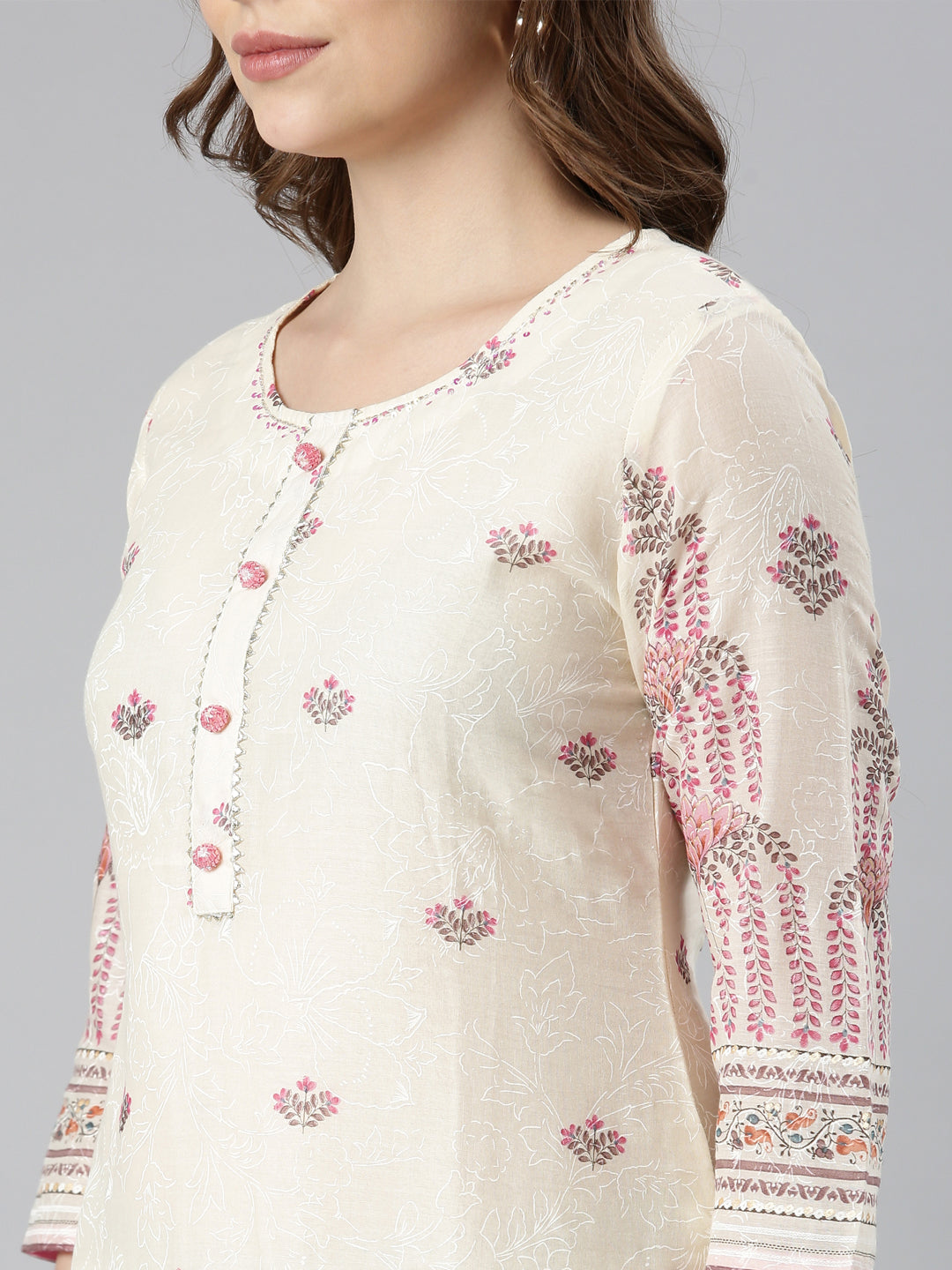 Neerus Cream Regular Straight Floral Kurta And  Trousers With Dupatta