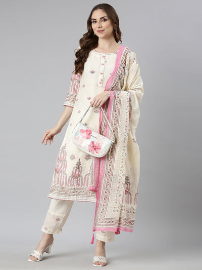 Neerus Cream Regular Straight Floral Kurta And  Trousers With Dupatta