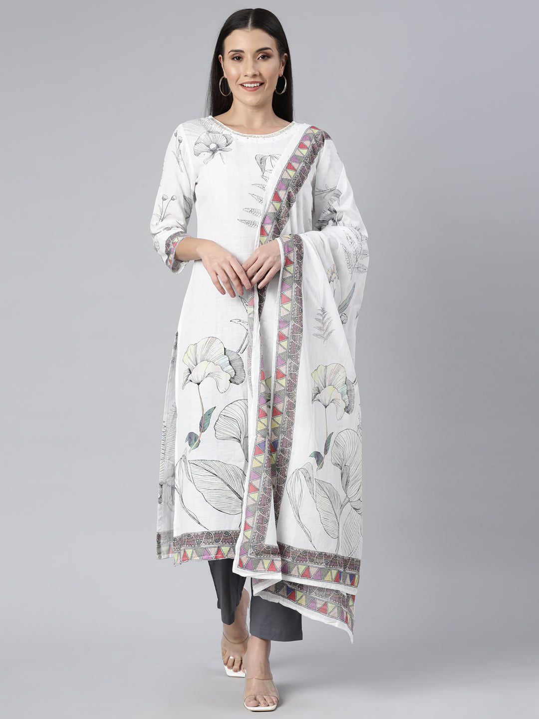 Neerus Off White Regular Straight Floral Kurta And  Trousers With Dupatta