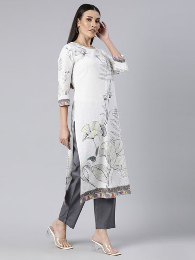 Neerus Off White Regular Straight Floral Kurta And  Trousers With Dupatta