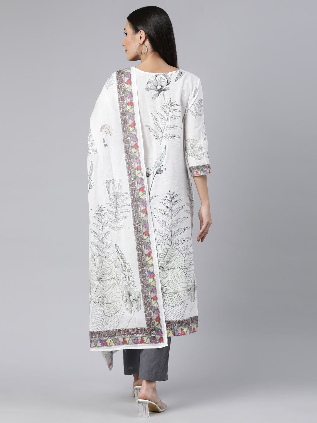 Neerus Off White Regular Straight Floral Kurta And  Trousers With Dupatta