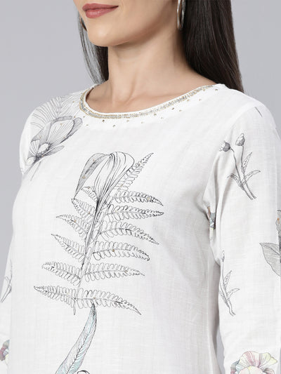 Neerus Off White Regular Straight Floral Kurta And  Trousers With Dupatta