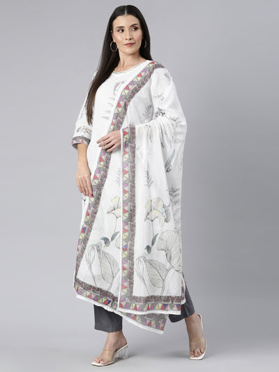 Neerus Off White Regular Straight Floral Kurta And  Trousers With Dupatta