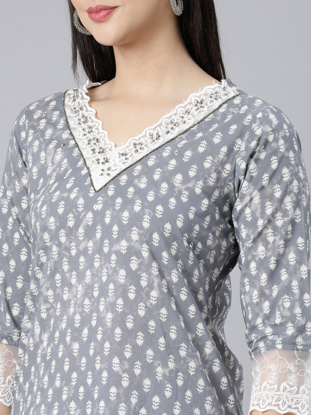 Neerus Grey Panelled Straight Printed Kurta And Trousers With Dupatta