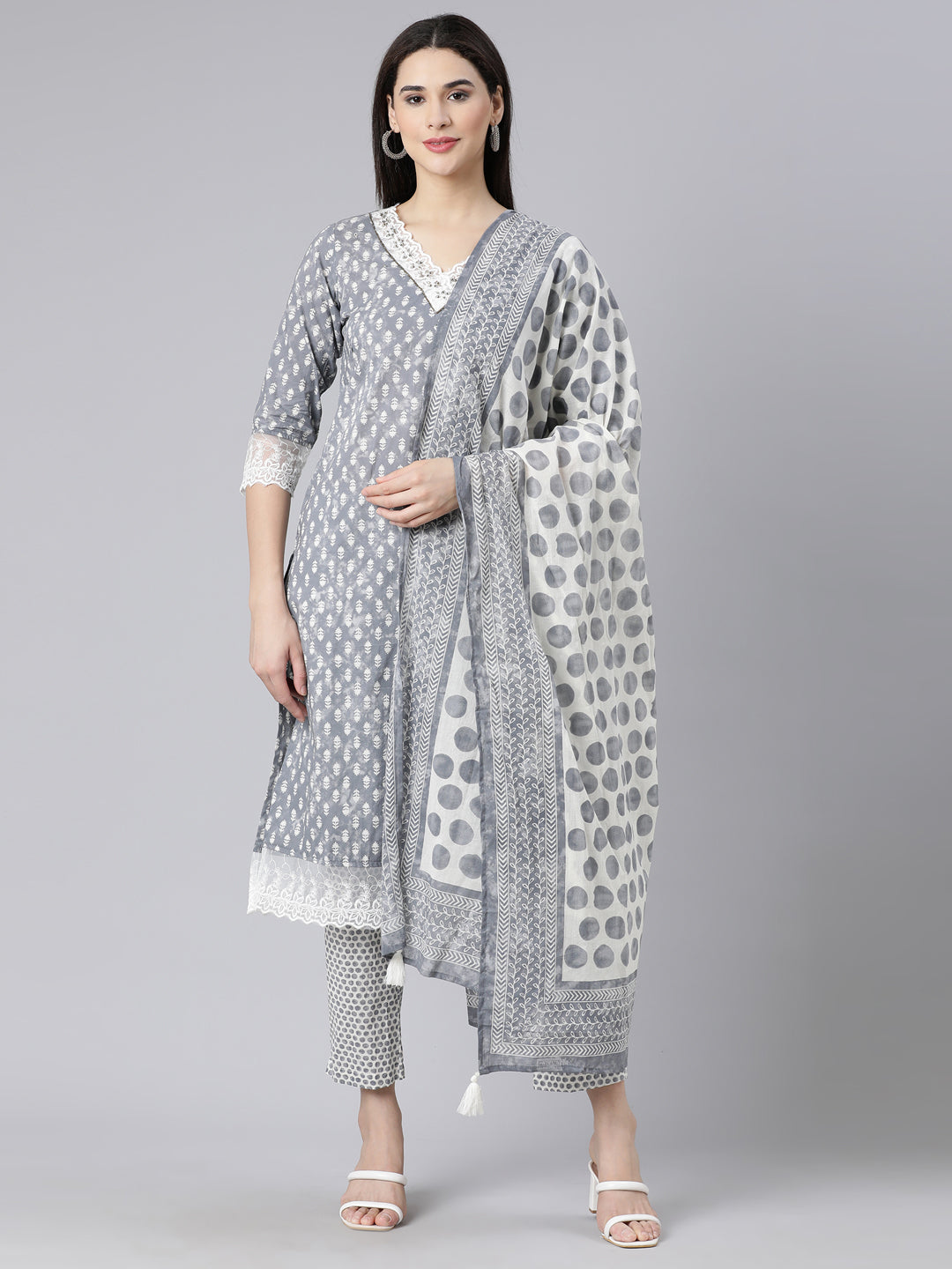 Neerus Grey Panelled Straight Printed Kurta And Trousers With Dupatta