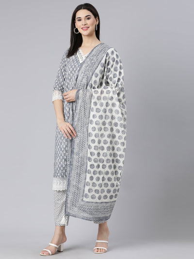 Neerus Grey Panelled Straight Printed Kurta And Trousers With Dupatta