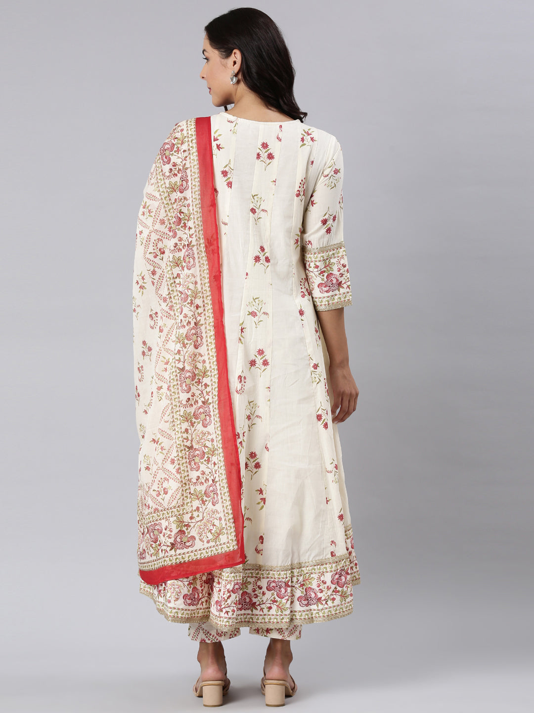 Neerus Off White Panelled Straight Printed Kurta And Trousers With Dupatta