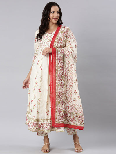 Neerus Off White Panelled Straight Printed Kurta And Trousers With Dupatta