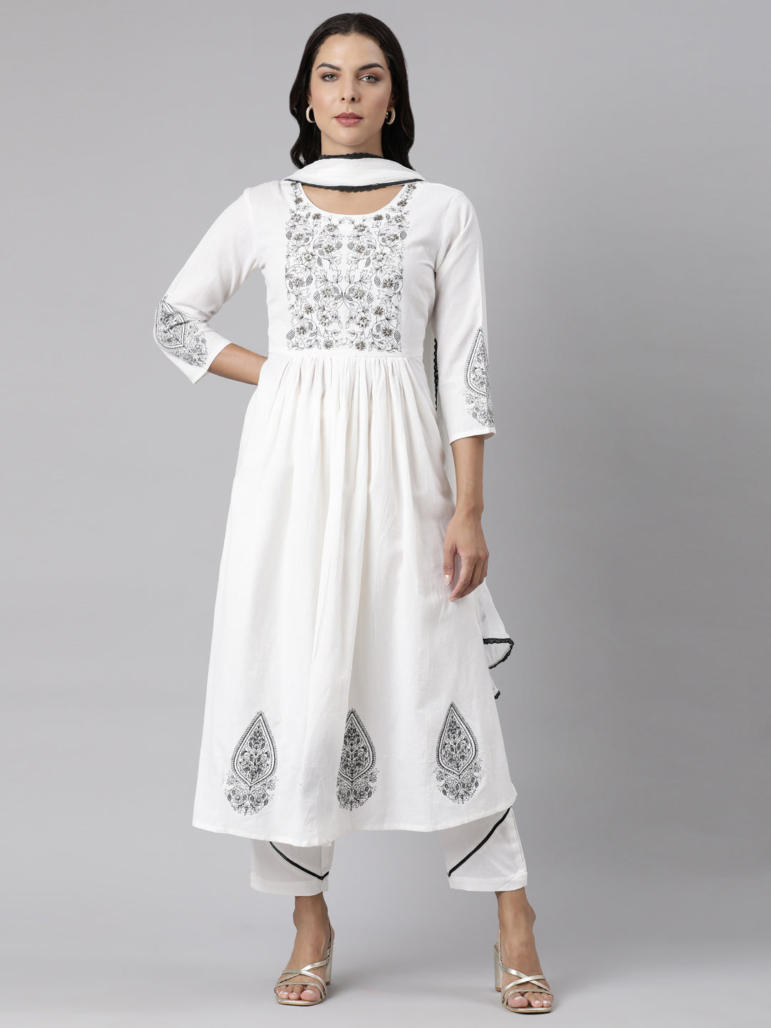 Neerus White Panelled Straight Printed Kurta And Trousers With Dupatta