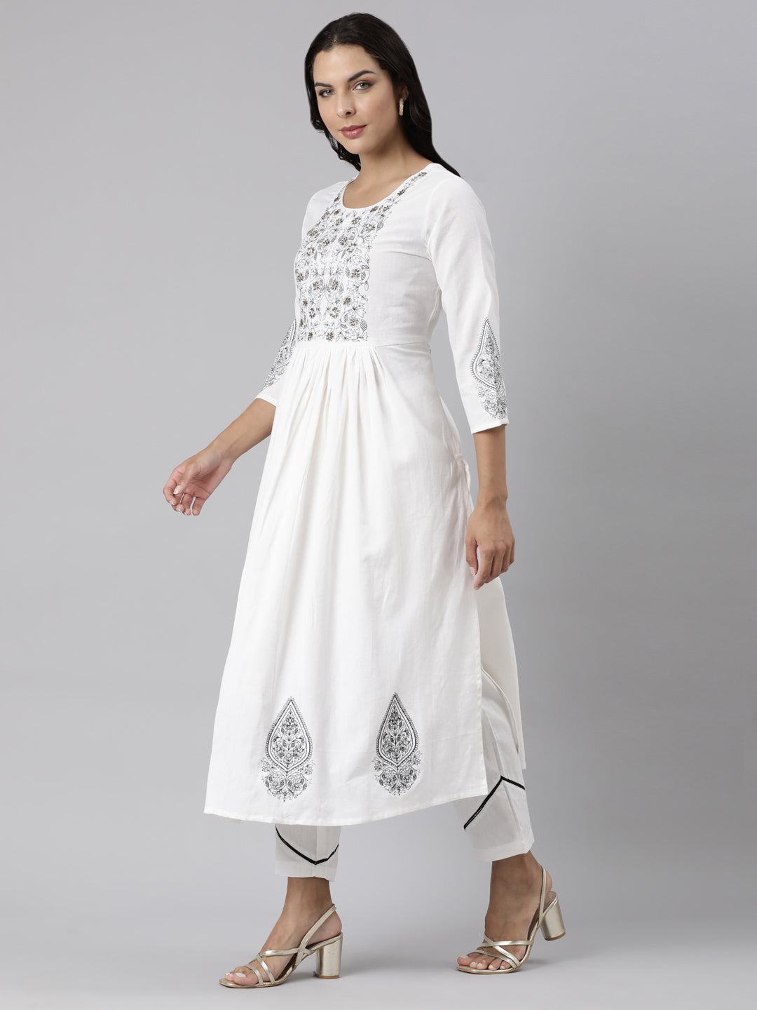 Neerus White Panelled Straight Printed Kurta And Trousers With Dupatta