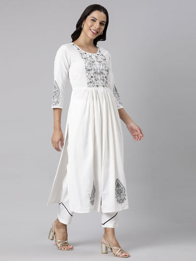 Neerus White Panelled Straight Printed Kurta And Trousers With Dupatta