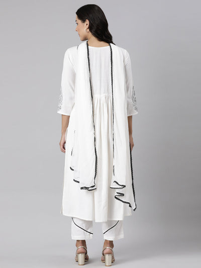 Neerus White Panelled Straight Printed Kurta And Trousers With Dupatta