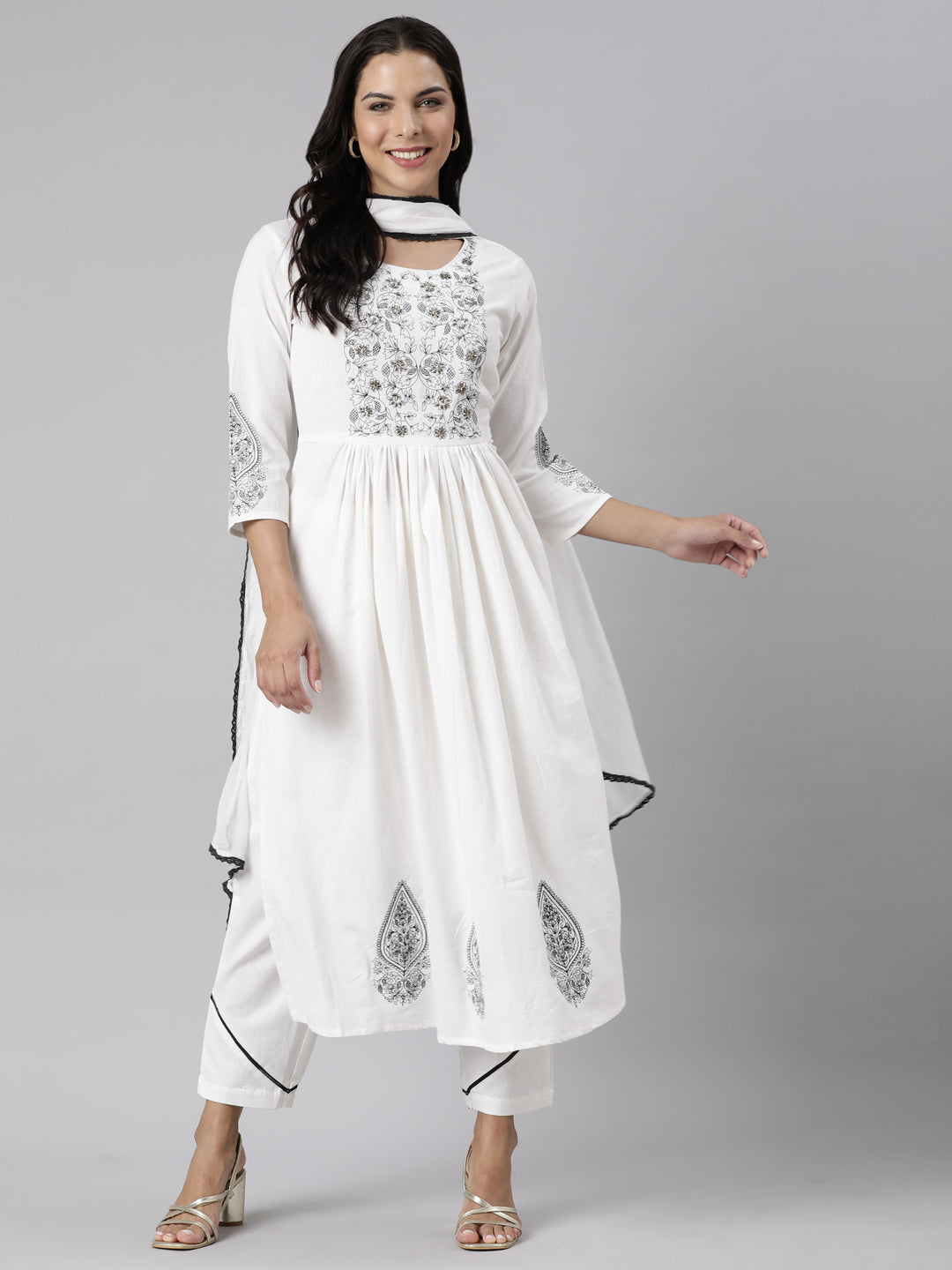 Neerus White Panelled Straight Printed Kurta And Trousers With Dupatta