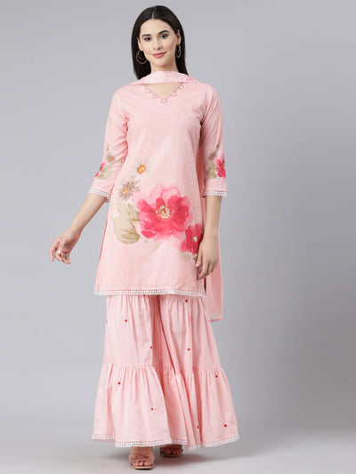 Neerus Pink Panelled Straight Printed Kurta And Sharara With Dupatta