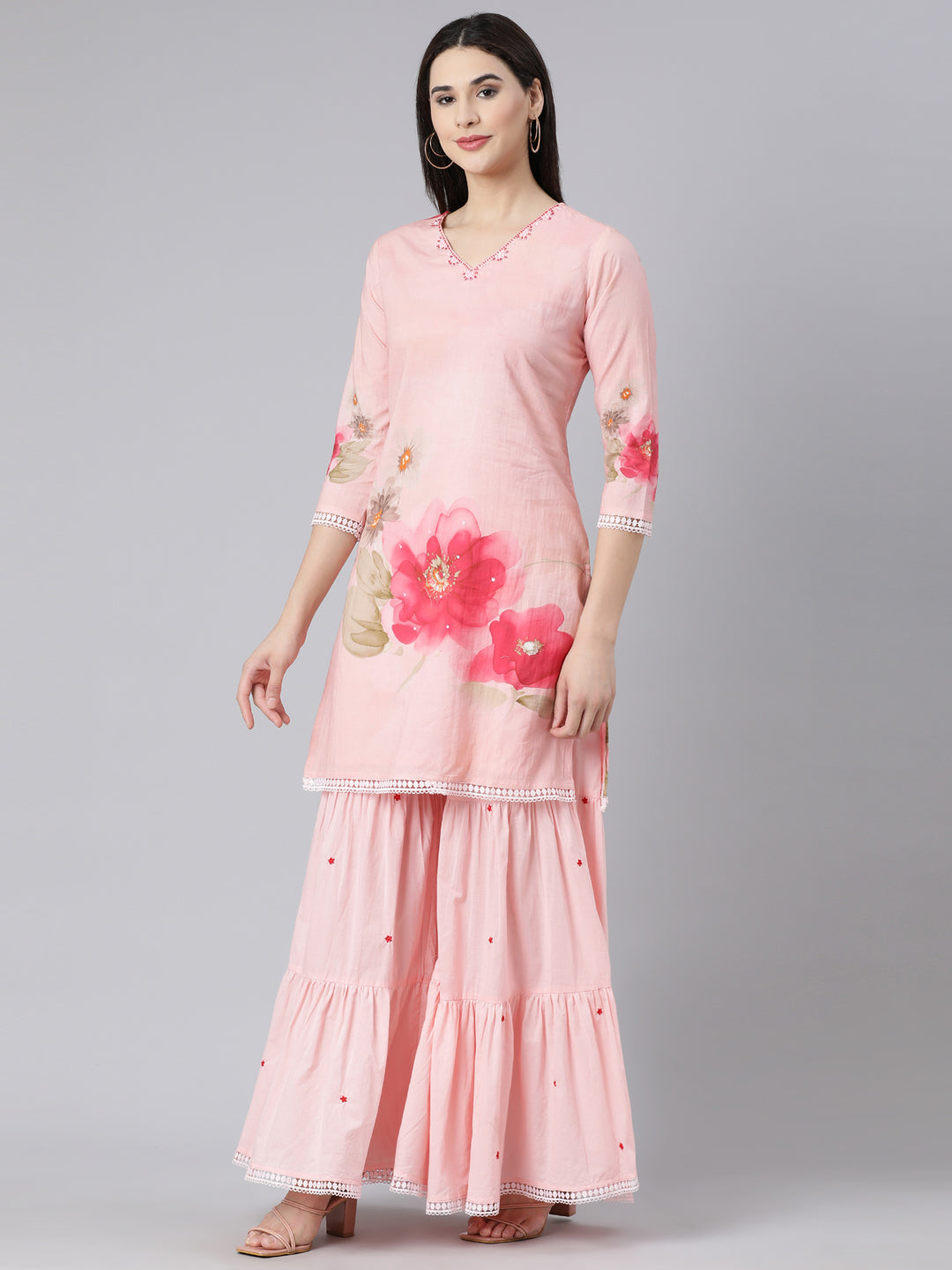 Neerus Pink Panelled Straight Printed Kurta And Sharara With Dupatta