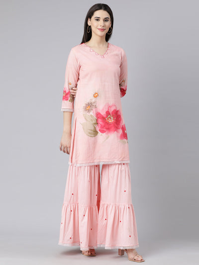 Neerus Pink Panelled Straight Printed Kurta And Sharara With Dupatta