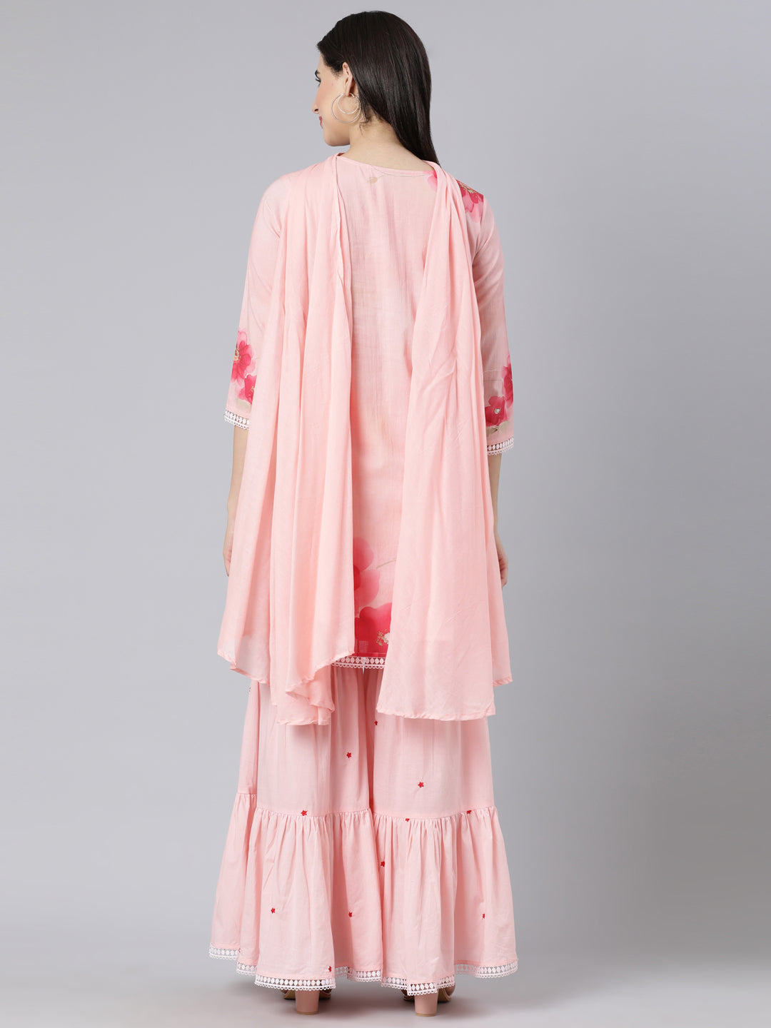 Neerus Pink Panelled Straight Printed Kurta And Sharara With Dupatta