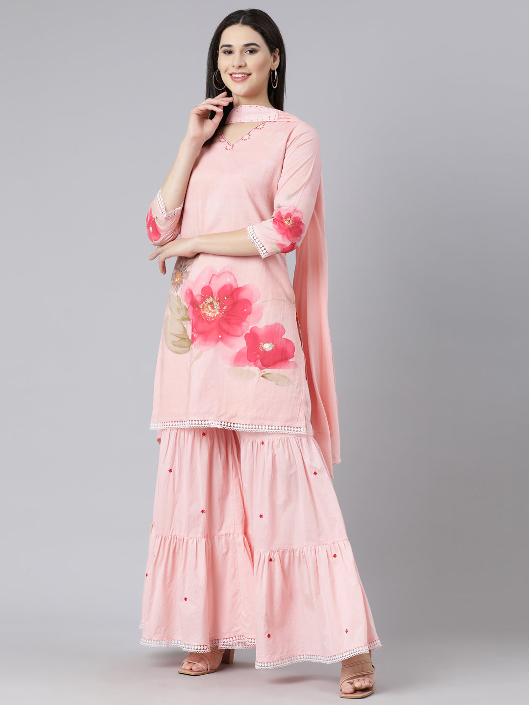 Neerus Pink Panelled Straight Printed Kurta And Sharara With Dupatta